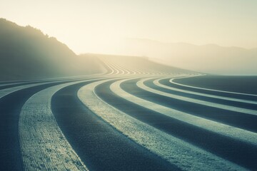 Aufkleber - A gently curved running track leads into the distance, framed by hills and softened by early morning mist, inviting outdoor activity. Generative AI