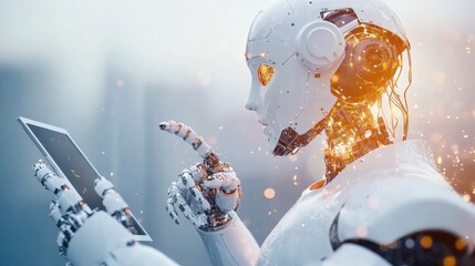 Poster - Futuristic robot interacting with tablet in urban environment showcasing technology and innovation
