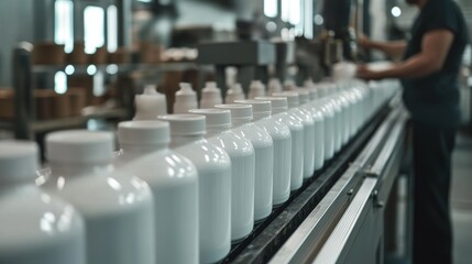 Poster - manufacturing process of pharmaceutical bottles factory setting industrial photography modern enviro