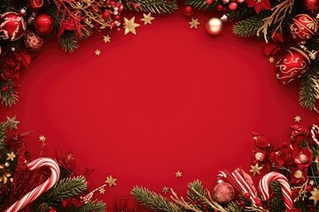 Wall Mural - a vibrant red christmas background with a decorative frame of candy canes, stars, and pine branches,