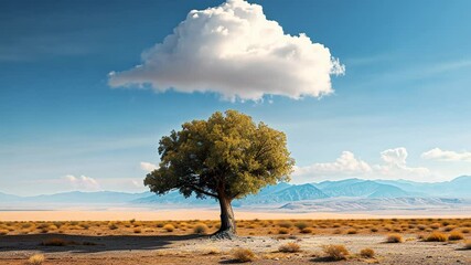 Wall Mural - Lone tree in arid desert landscape under fluffy cloud, nature tranquility concept