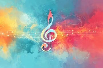 Poster - A vibrant musical design featuring a treble clef amidst colorful swirls and notes.