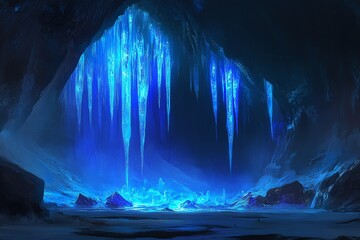 Poster - A mystical cave illuminated by blue icicles and glowing crystals, creating an enchanting atmosphere.