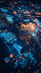 Poster - digital world map illuminated by blue tones and glowing data points