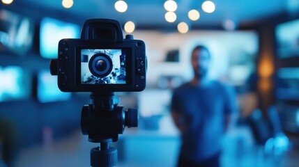 Leinwandbilder - Interview being filmed in a television studio, highlighting advanced media technologies while maintaining a focus on the subject. Generative AI