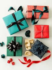 Poster - Flat lay arrangement showcases vibrant gift wrapping supplies such as paper, ribbons, and decorative cards, with ample space for notes. Generative AI