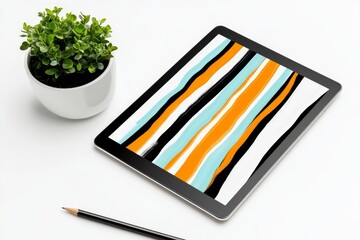 Poster - A clean 2D illustration of an ebook cover displayed on a minimalist tablet, featuring a bold title and a modern abstract design on a white background