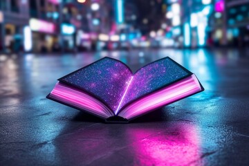 Aufkleber - A cyberpunk-themed depiction of an ebook reader with neon-lit pages and a glowing holographic display, set in a futuristic urban environment