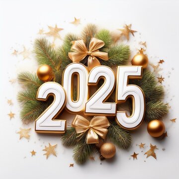 Golden 2025 over white background, New Year celebration, holiday greeting
