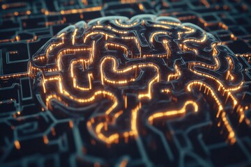 Fototapete - A complex labyrinth mimics the structure of a human brain, featuring illuminated paths and ample space awaiting text placement. Generative AI