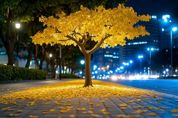 Wall Mural - A dwarf tree in full autumn colors, with its miniature golden leaves glowing under a soft evening sun