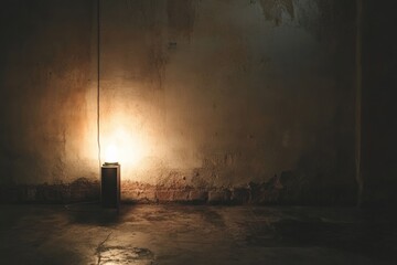 Fototapete - In an empty, dark room, a solitary light source casts a warm glow, enhancing the sense of abandonment and blank space. Generative AI