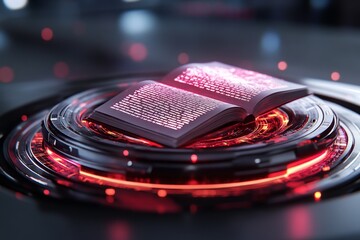 Poster - A futuristic editing interface projected in holographic 3D, with a glowing manuscript surrounded by dynamic AI editing tools