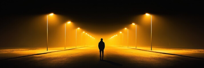 Poster - A solitary person stands on a dimly lit street at night, surrounded by shadows and warm yellow lights from streetlamps, creating an eerie atmosphere. Generative AI