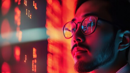 Poster - Man with Glasses Analyzing Digital Data on a Glowing Background