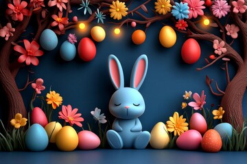 Poster - A magical depiction of an Easter celebration in an enchanted forest, with glowing eggs, fairies, and a mystical bunny surrounded by flowers