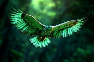 Poster - A magical depiction of an eagle with glowing wings flying over an enchanted forest, surrounded by shimmering light and ethereal mist