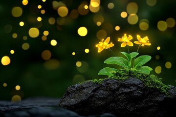 Poster - A magical dwarf plant with glowing leaves and tiny flowers radiating soft golden light, growing in an enchanted forest