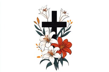 Poster - A minimalist design of a cross surrounded by lilies, illustrated with clean lines and muted pastel colors