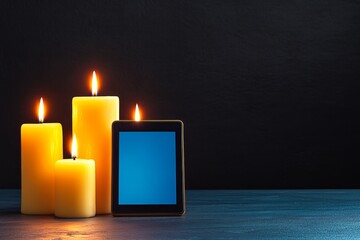 Poster - A moody portrayal of an ebook reader surrounded by glowing candles, with a dark fantasy novel displayed on its screen
