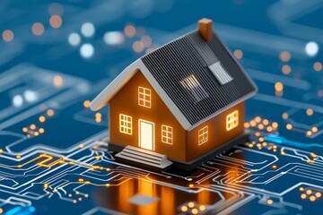 Poster - A pixel art depiction of a smart home interface managing energy efficiently, with animated lights and tiny icons glowing in an 8-bit retro style