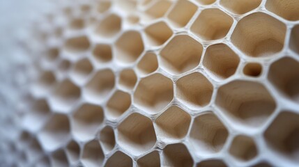 Poster - Detailed close-up of a paper honeycomb board cutout, showcasing hexagonal patterns and textures, with soft natural lighting emphasizing the depth, art, design, craft, abstract shapes.