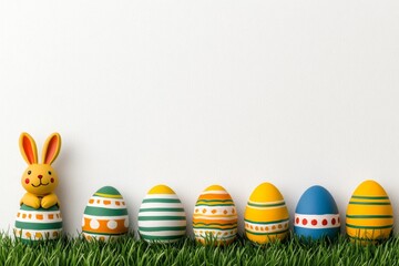 Poster - A playful 2D illustration of a bunny hopping over colorful Easter eggs, drawn in vibrant colors on a white background
