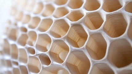 Poster - Detailed close-up of a paper honeycomb board cutout, highlighting the intricate hexagonal patterns and textures, soft natural lighting, craft materials, DIY projects, abstract design.