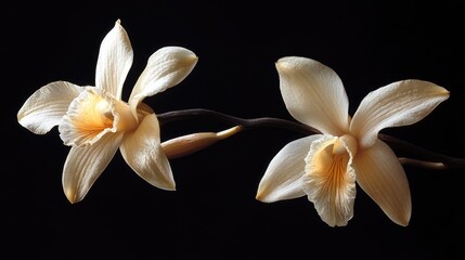 Poster - Closeup of delicate vanilla orchid flowers against a black background showcasing intricate petals and soft colors in natural beauty.