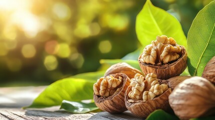 Wall Mural - Close up of walnuts in their shells with green leaves on a wooden surface illuminated by soft natural light in the background