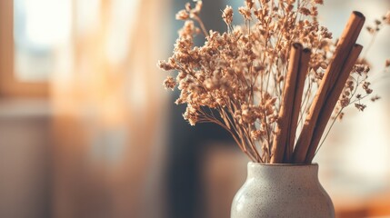 Aufkleber - Vase of dried flowers and cinnamon sticks creating a warm and cozy atmosphere in softly blurred interior background