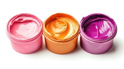 Poster - Vibrant gouache paint in pink, orange, and purple containers on a clean white background, art supplies, creative tools, isolated view, colors for painting, artistic project.