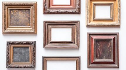 Poster - various vintage wooden picture frames arranged on white background for interior decoration or art di