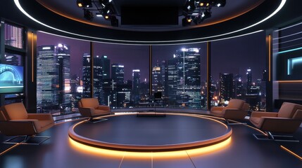 Leinwandbilder - Recording an interview in a contemporary television studio featuring advanced media technology and a blurred urban backdrop during nighttime. Generative AI