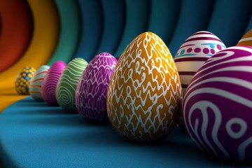 Poster - A vibrant 3D rendering of colorful Easter eggs arranged in a spiral, with glowing patterns and reflections creating a dynamic visual effect