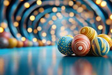Poster - A vibrant 3D rendering of colorful Easter eggs arranged in a spiral, with glowing patterns and reflections creating a dynamic visual effect