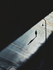 Aufkleber - A lone person stands on a deserted street at night, illuminated by streetlights casting long shadows while the area above remains dark. Generative AI