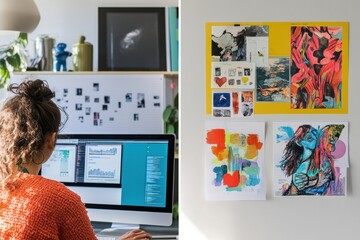 Leinwandbilder - One side shows a person working at a minimalist desk with a computer. The other side features colorful artwork hung on a wall, enhancing creativity. Generative AI