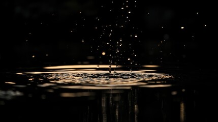 Aufkleber - Water droplets creating splashes in dark background with beautiful bokeh effect and illuminated ring reflections on the water surface