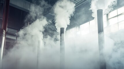 Condensing boiler chimney flue pipes emitting white steam vapour in an industrial heating system, with a backdrop of fog and large windows, utilities, energy efficiency, machinery.