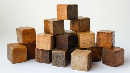 Aufkleber - Vintage wooden blocks arranged artistically on a minimalist white background showcasing natural textures and rich wood tones