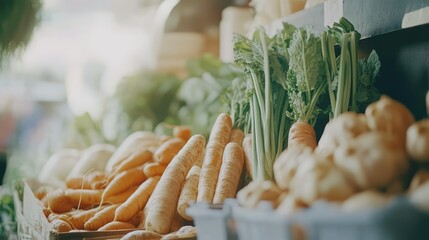 Wall Mural - Freshly harvested vegetables displayed on a wooden surface alongside artisan bread in a rustic setting showcasing healthy eating.