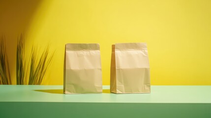 Wall Mural - Two brown paper bags with vegetables on green countertop against yellow background with empty space for product display.