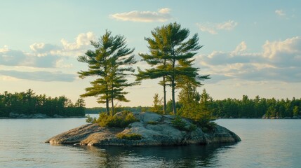 Wall Mural - two majestic pinetrees on a serene island in a lake illuminated by the warm afternoon sun under a pi