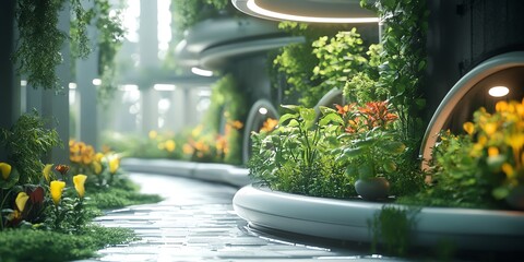 Poster - A serene, lush pathway surrounded by vibrant plants and modern architecture.