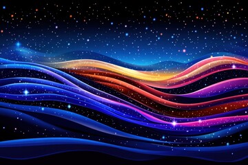 Wall Mural - Abstract Night Sky with Colorful Wavy Lines and Sparkling Stars
