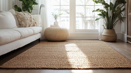 Poster - Woven braided jute rug in a bright farmhouse living room with plants and natural light creating a cozy atmosphere