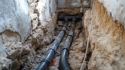 Wall Mural - Plastic sewer pipe installation during home renovation showcasing trench and piping for effective drainage solutions.