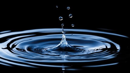 Aufkleber - Water drop creating ripples in dark background with flying droplets and defocused bokeh effect capturing motion and tranquility.