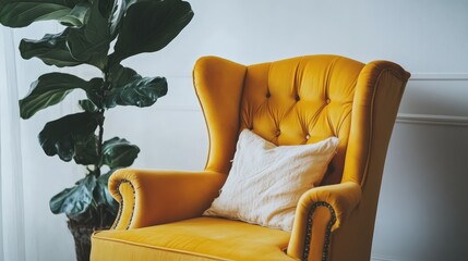 Fototapete - Cozy yellow armchair with decorative pillows and lush houseplant against a minimalistic white wall interior design setting